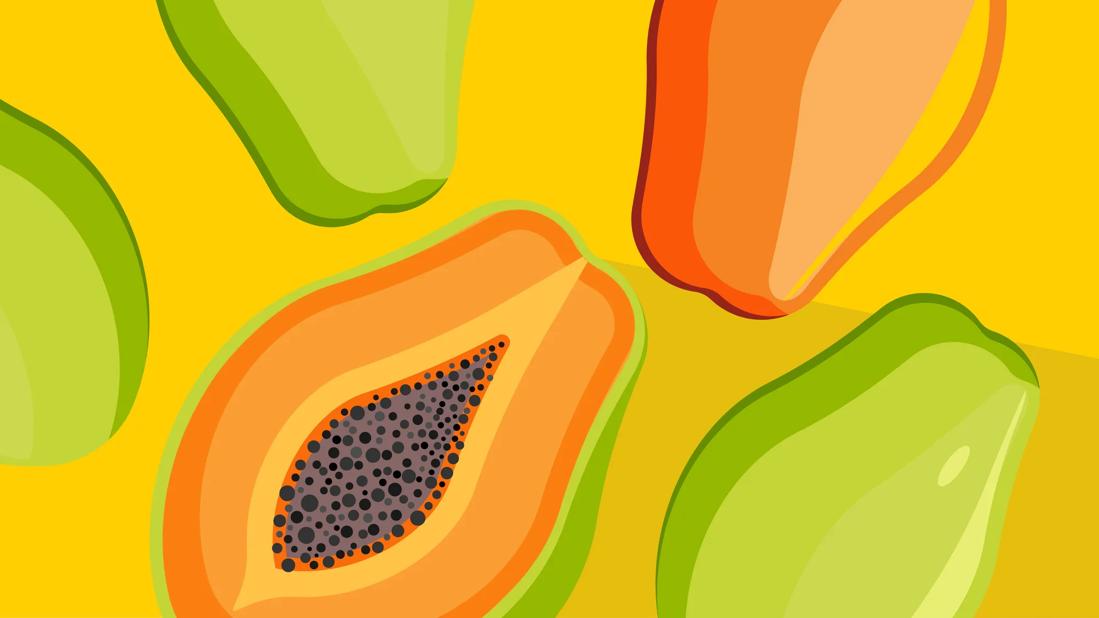 view of papaya fruit, with one half cut open
