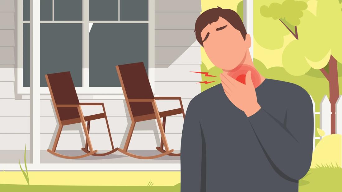 Person outside house, holding scratchy, sore throat