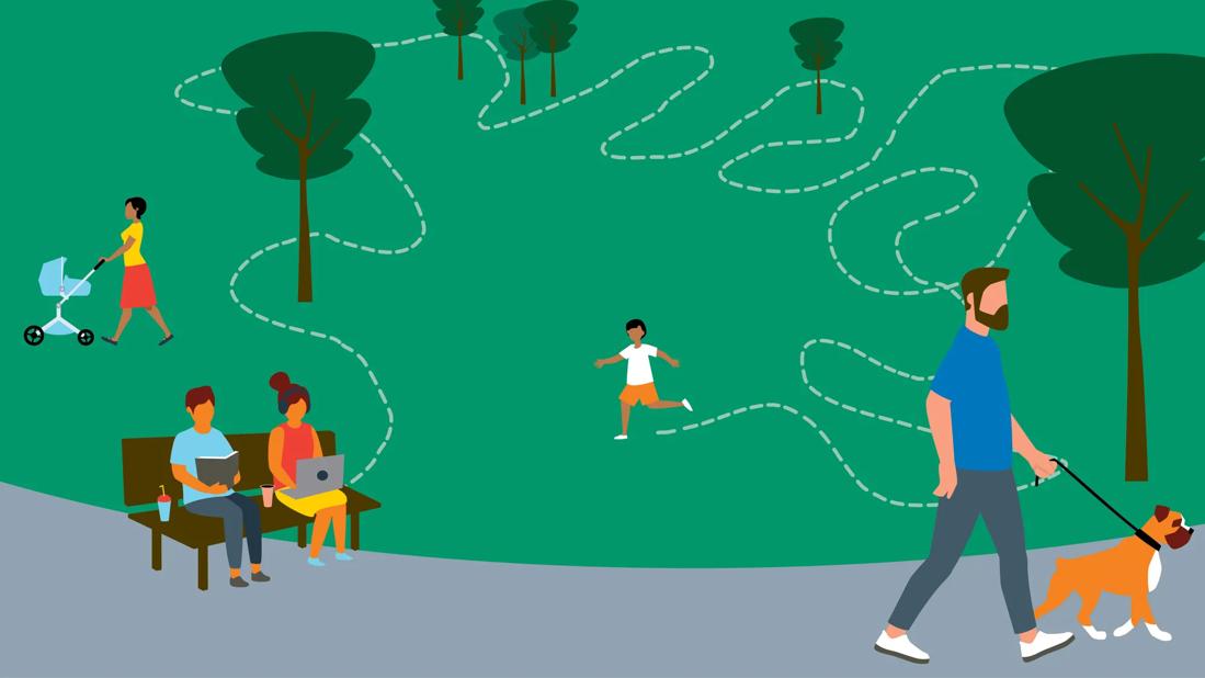 People in a park, walking a dog, sitting on bench, with a child and dotted lines of them running around