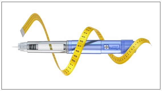 Illustration of a GLP-1 weight-loss drug with a tape measure